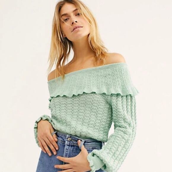 NEW Free People Crazy In Love Ruffle Off Shoulder Sweater Knit Top Seafoam XS - Picture 1 of 10